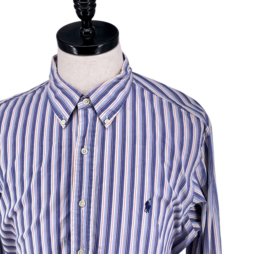 Ralph‎ Lauren Blue Orange White Long Sleeve Shirt Men's Size XL 17 34/35 Cotton